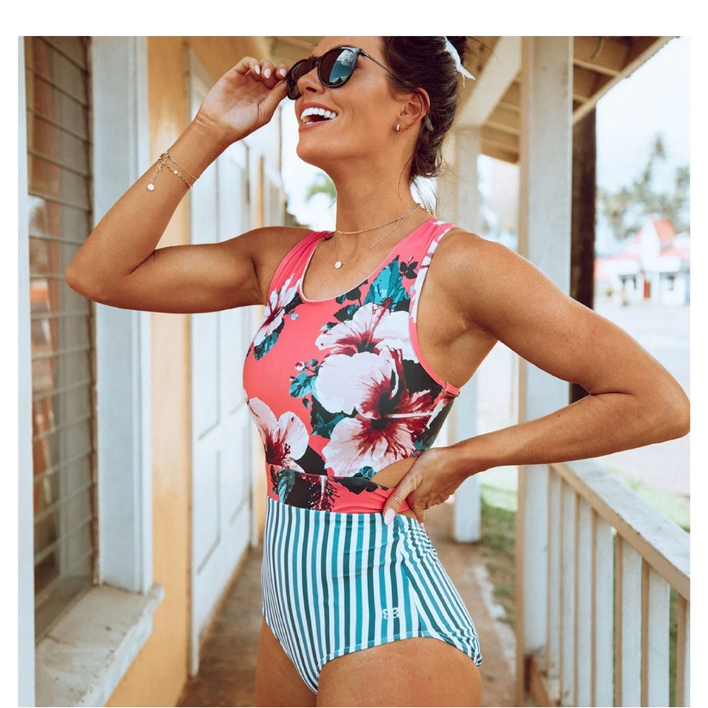 Albion Fit Floral and Striped One Piece Swimsuit